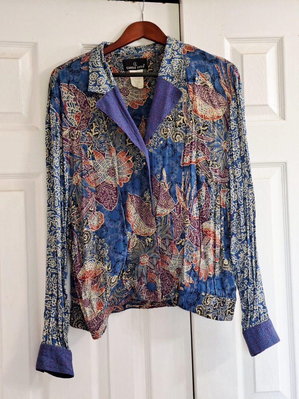 Carole Little Blue Floral Button-Front Collared Over Shirt with Purple Trim